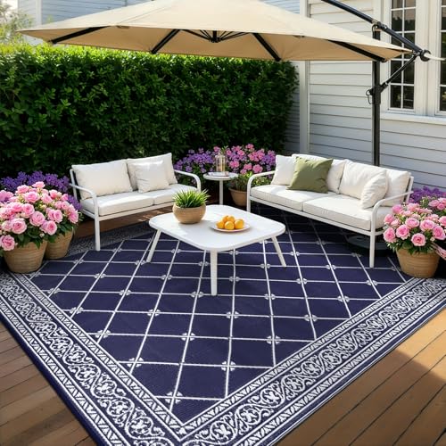 Outdoor Rug 10'x14' for Patios Waterproof Patio Rugs Outdoor Mats for Front Porch,Beach Mat,Reversible Plastic Straw Camping Rugs for Outside RV,Deck,Balcony,Backyard Navy Blue - color: Classic Blue, size: 10' x 14' (Rectangular)