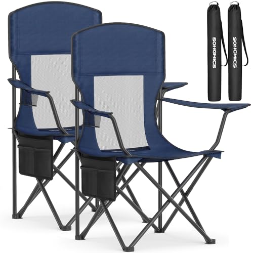 SONGMICS Breathable Camping Chairs, Foldable Outdoor Chairs Set of 2, High Back, Adjustable Armrests, Drink Holder, Weight Capacity 330 lb, for Sports Garden Backyard, Harbor Blue UGCB028Q01 - color: Blue, style: 2PC (20.3"D x 34"W x 38.2"H)