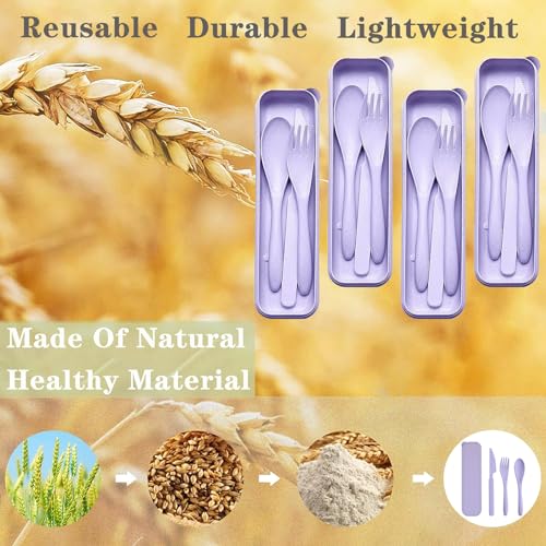 Reusable Travel Utensils Set with Case, 4 Sets Wheat Straw Portable Plastic Fork Spoons Knife Camping Cutlery, Eco-Friendly BPA Free Lunch Tableware for Kids Adults Picnic Work or Daily Use (Purple) - color: Purple