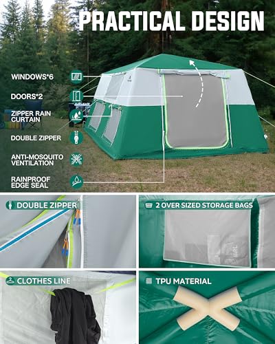 CORANI 14.1'x6.5'x9' Inflatable Tents for Camping, Portable 6/8/10 Person Blow Up Air Tent, Waterproof Windproof Easy Setup Large Family Tent with 2 Doors, 6 Windows, Mosquito Screen - color: Nomad Green, size: 10 person 14.1x9ft
