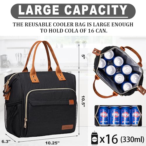 Black Lunch Box for Women Insulated Lunch Bag for Work - Adult Stylish Lunch Tote Bag for Shopping Soft Cooler for Beach Picnic Travel - color: A1: Black, size: Large