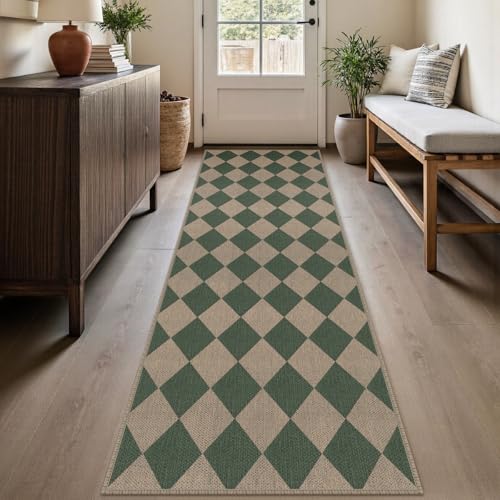Rugalia Easy Jute Checkered Outdoor Runner Rug, 2.6x8 Green Modern Washable Rugs Runner for Hallway Non-Slip Kitchen Runner Rug, Geometric Diamond Outdoor Carpet for Porch Laundry Entryway - color: Green Checkered, size: 2.6' x 8' (Runner)