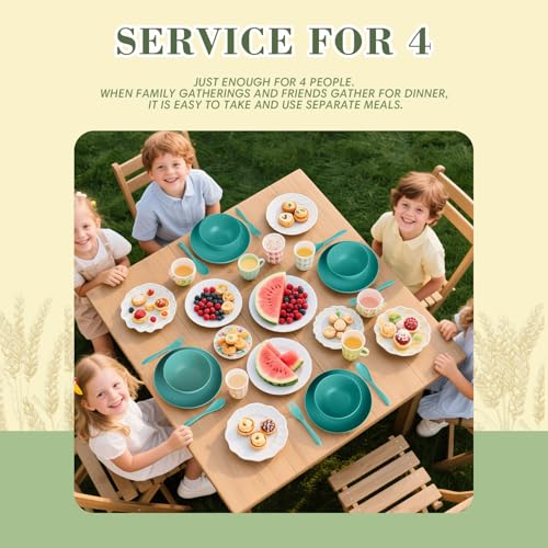 Wrova Wheat Straw Dinnerware Sets of 20,Dishwasher Safe Kitchen Plates and Bowls Sets,Camping Dishes Sets Contains Dinner Plates,Cereal Bowls,Drinking Cups and Flatware.(Green) - color: Green, size: 20 Pack