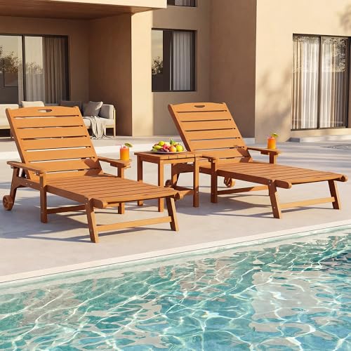 Outdoor Lounge Chair with 5-Position Adjustable, Outside Lounge Chair with Cup Holder, Wheels for Easy Mobility, HDPE Tanning Chair for Poolside, Patio, Brown - color: Brown, size: 1pc