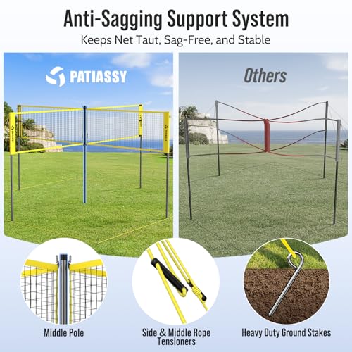 4 Square Volleyball Game Set, 4 Way Net System with 16FT & 32FT Court, Adjustable Height Backyard Badminton Combo, Portable Outdoor Kit with Ball, Pump, Boundary Line, Carry Bag