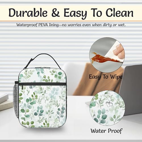 Insulated Small Lunch Box,Eucalyptus Leaves Reusable Lunch Bag for Kids Adult Women,Watercolor Green Leaf Large Capacity Portable Thermal Bag with Mutiple Pockets for School,Work,Picnic - color: Eucalyptus Leaves