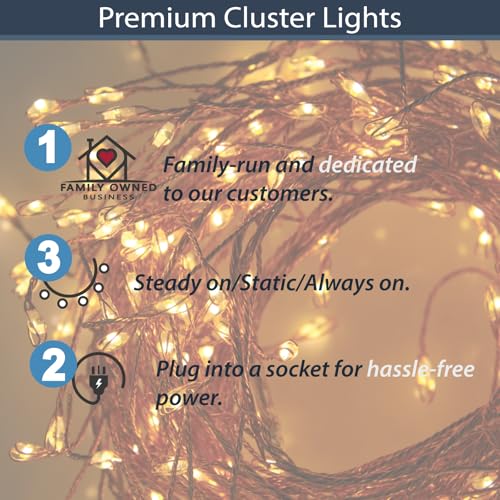 QBIS 240 LED Christmas Cluster Lights, 10ft Warm White Fairy Lights on Copper Wire, Plug in, Christmas Tree Lighting, Firecracker Light String Indoor Outdoor use, Window, Fireplace, Stair Decoration - size: 240 LED - Copper Wire - Mains Plug