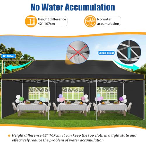 HOTEEL 10x30 Pop up Canopy Tent for Parties, Heavy Duty Easy Setup Tent with 5 Sidewalls, Outdoor Commercial Instant Gazebo for Wedding Event, with Roller Bag & Sand Bags, Black(Hexagonal Frame) - color: Black, size: 10x30FT (+5 Walls)