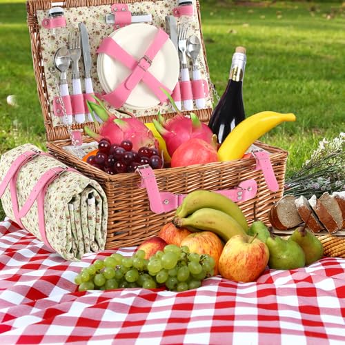 Neti Neti Wicker Picnic Basket for 4 with Insulated Cooler & Waterproof Blanket – Large Willow Picnic Hamper for Outdoor, Camping, Beach, Romantic Dates, Valentine’s Day - color: Floral Crushed
