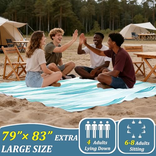 Beach Blanket Waterproof Sandproof Beach Mat 79" X 83" for 2-8 Adults, Sand Free Mat Quick Drying for Travel, Camping, Hiking with 4 Stakes & 4 Corner Pockets - color: Wave