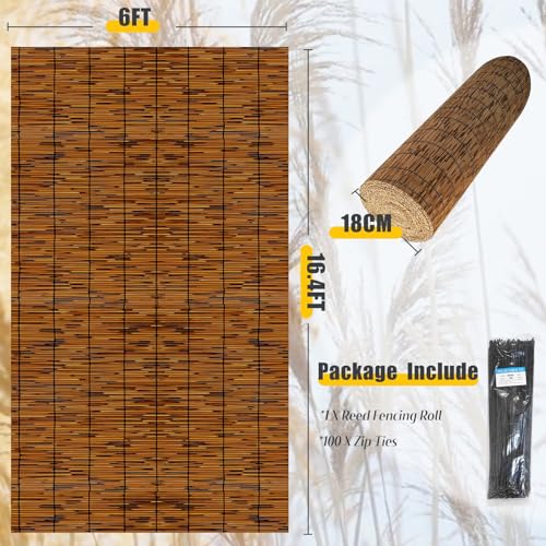 Natural Reed Fencing 6FT X 16.4FT Reed Fence 6FT High Balcony Reed Fence Privacy Reed Screen for Outdoor Backyard Patio(Brown) - size: 1 Pack 6FT×16.4FT