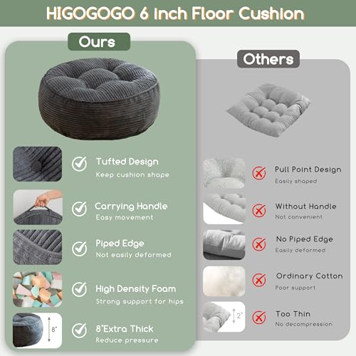 HIGOGOGO 8" Extra Thick Floor Pillow Cushion for Adults, Meditation Cushion Pillow, Large Round Floor Sitting, Tufted Corduroy Cover, for Tatami Living Room or Yoga, 22x22 Inch, 2Pack, Dark Grey - color: Round Dark Grey, size: 8" Thick(Pack of 2)