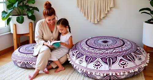 CRAFT KALA Pink Trishul Mandala Boho Floor Cushion Cover, 22"D x 22"W x 2"H, Cotton Fill, Round, Boho Chic, Indoor Use - color: Pink Trishul, size: 22"