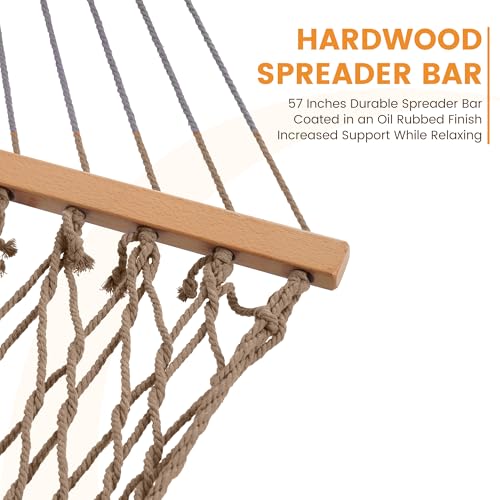Lazy Daze Hammocks 12FT Double Rope Hammocks, 2 Person Hand Woven Cotton Hammock with Spreader Bar, Carabiner, Tree Strap, Chain for Outside, FIT 13-15 FT Stand, Max 450 Lbs, Brown - color: Brown
