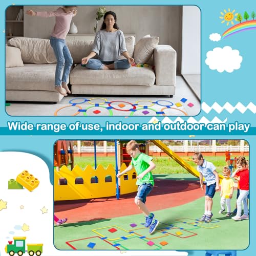 RoundFunny 2 Sets of 2 in 1 Hopscotch and Beanbag Toss Kit Include Hopscotch Ring Game Set and Squares Set 8 Pcs Beanbags for Indoor Game Outdoor Agility Portable Summer Conditioning Agility Training