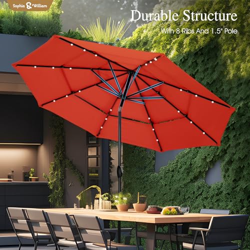 Sophia & William 10ft Patio Umbrellas 3-Tier Umbrella Outdoor Patio Umbrellas with Lights Vented Top 24 LED lights Adjustable Tilt for Pool Garden Backyard, Red - color: Red