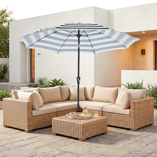 JEAREY 9FT Outdoor Patio Umbrella,Market Table Umbrella with 8 Fiberglass Ribs, Pool Umbrella with Tilt and Crank, UV Protection Lightweight & Wind-Resistant for Lawn, Garden, Deck and Backyard, Black-White Stripe - color: Black-White Stripe