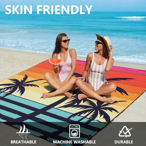 HIHOHO Beach Blanket Waterproof Sandproof Extra Large Beach Mat 79" X 83"/120"x108"for 1-8 Adults Quick Drying Durable Outdoor Picnic Mat for Beach Travel Camping Hiking - color: Coconut Tree-striped Sunrise, size: 79" X 83"（1~3 person）