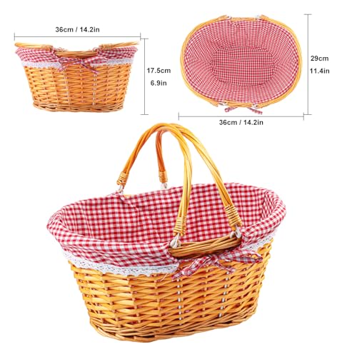 1 Pack 14.2 Inch Natural Wicker Basket with Checkered Lining, Oval Wicker Woven Basket with Handle, Willow Woven Picnic Baskets for Picnic, Camping, Party(Large) - size: 1 Pack 14.2in Natural