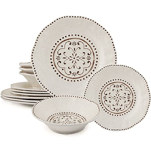 LEHAHA Beaded Crackle 12 Piece Melamine Camping Dinnerware Set, Plates and Bowls Sets, Indoor and Outdoor Use, Break-Resistant Rustic RV Dishes Set, Service for 4(Ivory)… - color: Ivory