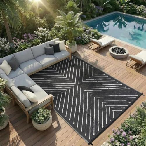 Garvee 9x12 Striped Extra Large Outdoor Waterproof Rug, Reversible Modern Patio Carpet for RV, Deck, Backyard, Porch, Balcony, Beach, Garden, Outdoor Camping Mat, Black&White. - color: Blackwhite, size: 9' x 12' (Rectangular)
