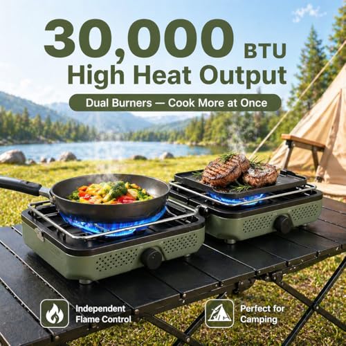 Hisencn Camping Stove,2 Burner Propane Camping Stove,Dual Griddles,30,000 BTU Portable Propane Stove with Carry Bag,Outdoor Cooking Stove set for Camping Gear,RV Essentials,Camp Gifts for Man,Green - color: Green