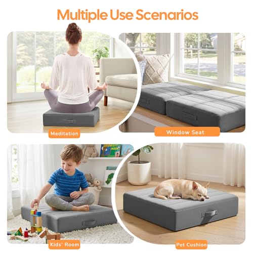 MeMoreCool Square Floor Pillow for Adults and Kids, Large Meditation Cushion with Thick Foam and Washable Tufted Cover, 24-Inch Grey Seat for Sitting and Yoga - color: Light Grey, size: 24 Inch