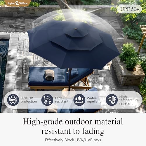 Sophia & William 10ft Patio Umbrellas 3-Tier Umbrella Outdoor Patio Umbrellas with Lights Vented Top 24 LED lights Adjustable Tilt for Pool Garden Backyard, Navy - color: Navy