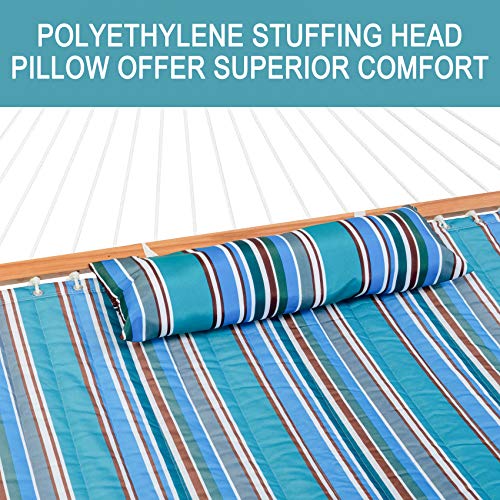 Lazy Daze Hammocks 12 FT Quilted Fabric Double Hammock with Spreader Bars and Detachable Pillow, 450lbs Weight Capacity - color: Peacock Green Stripe