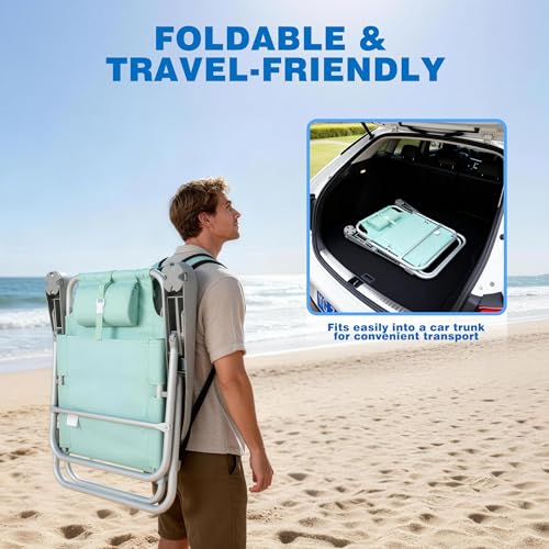 SUNNYFEEL Extra Wide Low Beach Chair 5 Position Lay Flat 500 LBS Heavy Duty, XL Oversized Portable Folding Camping Chairs with Cup Holder for Outdoor/Trip, Lightweight Backpack Beach Chair for Adults - color: Teal, size: 1-PACK