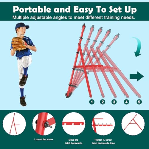 LIANTRAL Baseball Rebounder Net, Adjustable Bounce Back Trainer for Soccer, Volleyball, Softball & Lacrosse, Portable Folding Rebounder for Passing & Shooting Practice, Volleyball Rebound Net - color: Red, size: 2.6FTx2.9FT