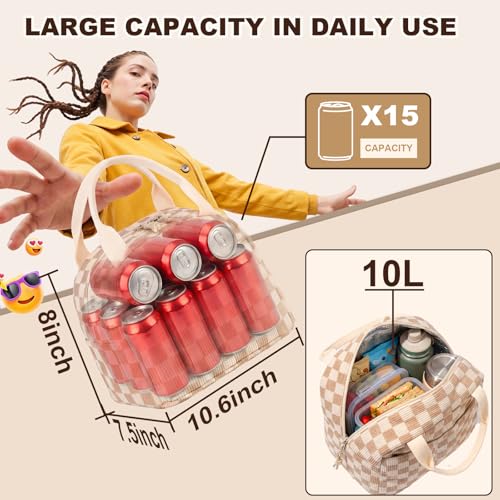 LEDAOU Insulated Lunch Bag women Corduroy Small Lunch Box for Women with Front Pocket Leakproof Cooler Checkered Cute Adult Gilrs Lunch Box for Work School Picnic - color: A-Brown Checkered