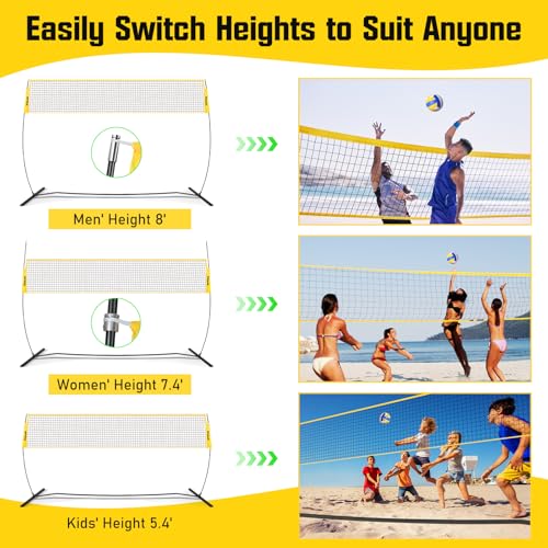 Freestanding Volleyball Net Set for Backyard - 12FT Portable Outdoor Volleyball Net Training Equipment with Soft Volleyball, Pump, Boundary Mark and Carry Bag for Park, Beach Games, Volleyball Sports - color: Yellow