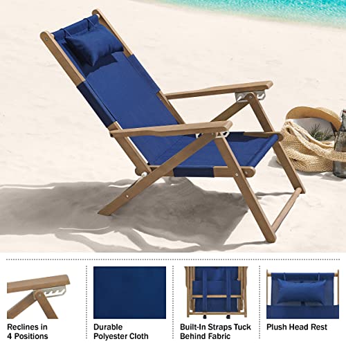 Lavish Home Beach Chair - Outdoor Weather-Resistant Wood Folding Chair with Backpack Straps - 4-Position Reclining Seat - Beach Essentials (Blue) - color: Blue, style: Set of 1