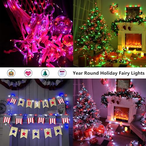 BrizLabs Color Changing Fairy Lights, 66ft 200 LED Red White Blue Fairy Lights with Remote, July 4th Lighting with Timer Dimmable Twinkle Light Music Sync for Indoor Xmas Halloween 4th of July Party - color: 200 LED (Sliver Copper Wire)
