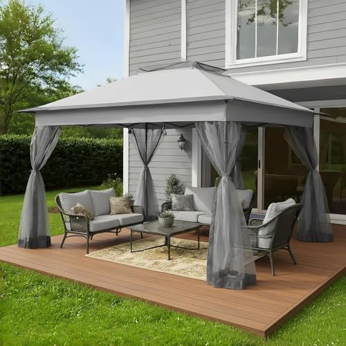 Bezseller 11x11 Pop Up Gazebo with Mosquito Netting, Easy 1-Person Setup Outdoor Canopy, Water-Resistant Portable Shelter for Patio, Backyard & Garden, UV Protection, Light Grey - color: Light Grey, size: 11"x11"