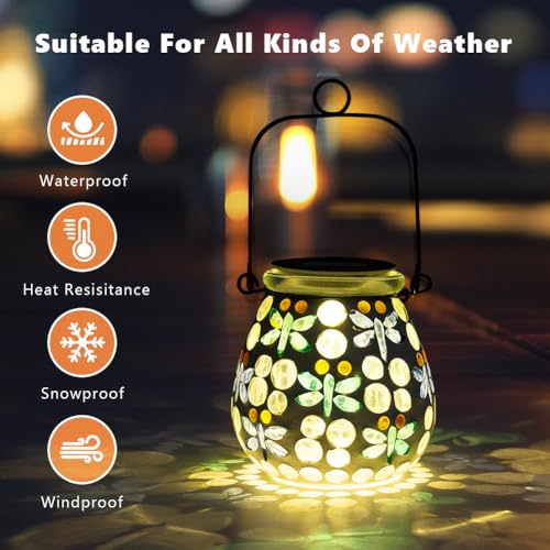 Stargarden Mosaic Solar Lanterns Outdoor Waterproof, Dragonfly Lanterns Decorative Outdoor, Glass Hanging Solar Lights Table Lamp for Yard, Garden Decor - color: Dragonfly
