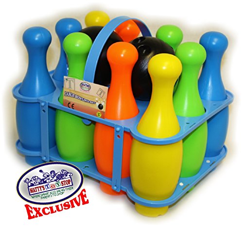 Matty's Toy Stop 10 Pin Multi-Color Deluxe Plastic Bowling Set for Kids with Storage Rack - 12 Pieces Total (10 Pins & 2 Bowling Balls)