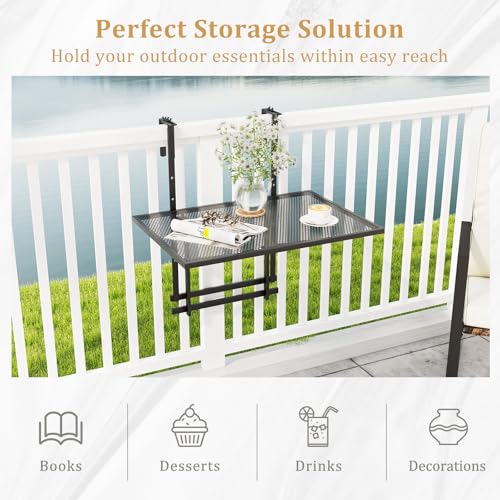 HAPPYGRILL Balcony Railing Table, Outdoor Folding Hanging Table with 5 Adjustable Heights, Heavy Duty Metal Hanging Bar Table for Patio, Garden and Deck