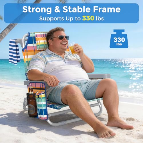 5-Position Backpack Beach Chair for Adults with Lumbar, Foldable Tall Heavy-Duty Beach Chairs with Cooler Bag,Cup Holder,Towel Rack for Beach, Camping, Outdoor (1, Rainbow) - color: Rainbow, size: 1 pack