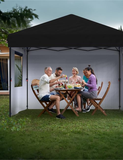 10x10 Pop Up Canopy with Removable 4 Sidewalls - Easy Up Camping Tent with One Button Push Setup - 1 Roller Bag, 3 Adjustable Height, 4 Weight Bags for Deck, Garden, Sports, Beach, Party - Black - color: Black