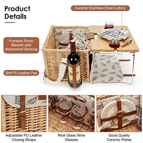 WILLOW WEAVE Picnic Basket with Table, Picnic Basket Set for 2, Willow Hamper with Wine Holder, Wicker Picnic Set with Blanket & Premium Tableware for Outdoor, Wedding, Anniversary, Birthday Gift - size: M for 2P-Leaf