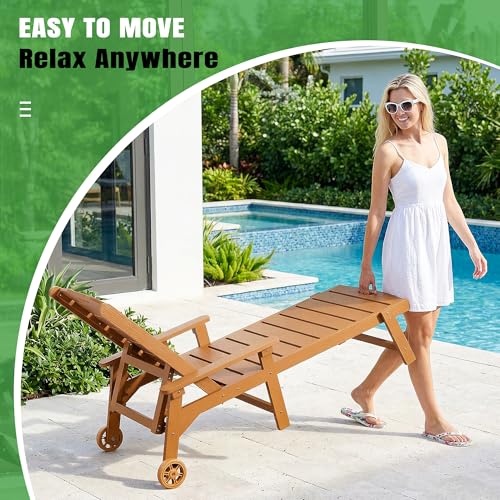 Outdoor Lounge Chair Set of 4 with 5-Position Adjustable, Outside Lounge Chair with Cup Holder, Wheels for Easy Mobility, HDPE Tanning Chair for Poolside, Patio, Brown - color: Brown, size: 4pc