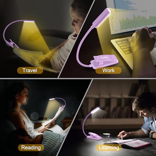 Gritin 9 LED Rechargeable Book Light for Reading in Bed - Eye Caring 3 Color Temperatures,Stepless Dimming Brightness,80 Hrs Runtime Small Lightweight Clip On Book Reading Light for Studying-Purple - color: Purple