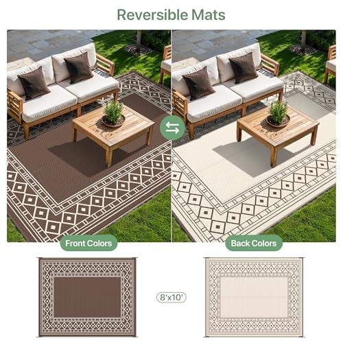 GENIMO Outdoor Rug Waterproof for Patio, 8'x10' Foldable Reversible Plastic Straw Carpet for Travel Trailers, Outside Area Mat for Rv, Deck, Picnic, Porch, Camper, Balcony, Beach, Coffee & Beige - color: Coffee & Beige | Natural, size: 8' x 10' (Rectangul