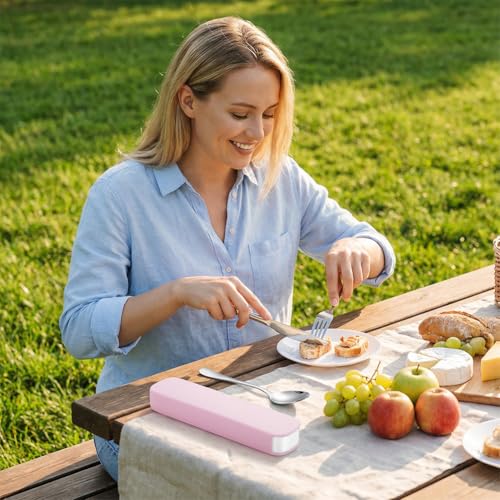 Portable Utensils Set,3-Piece Reusable Silverware,Travel Utensils with Case for Lunch Camping Picnic(Pink) - color: Pink