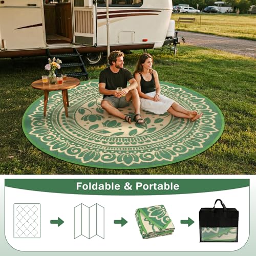 8ft Round Waterproof Outdoor Patio Rug, Large Lightweight Plastic Woven Rug, Reversible Boho Floral All-Weather Beach Mat for RV Camping, Picnic, Deck, Porch, Backyard and Garden, Green - color: Green Flower, size: 8' (Round)
