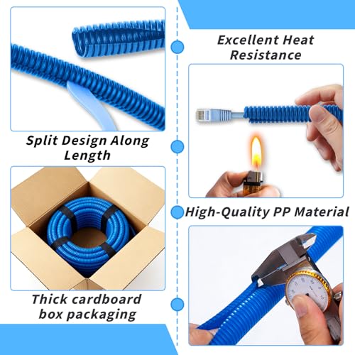 250FT Blue Split Wire Loom Tubing, 3/8 Inch Wire Protector Tubing, Automotive Wire Flexible Conduit Cord Covers with 50 Cable Ties for Automotive Marine Agriculture Electrical Cable Protection - color: Blue, size: 3/8in x 250ft