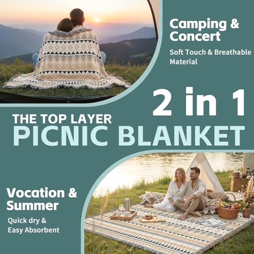 2 in 1 Extra Large Boho Beach Blanket Towel Giant Woven Outdoor Picnic Mat Camping Gear Cruise Essential 2025 Summer Vacation Must Have Airplane Travel Accessories Costa Rica Bahamas Hawaii Trip Stuff - color: Boho Brown