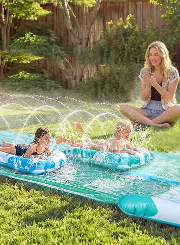 JOYIN 22.5FT Water Slide and 2 Inflatable Boards, Extra Long Heavy Duty Double Lawn Waterslide with Sprinkler for Kids Adults Backyard Summer Water Toy Outdoor Fun, Blue, Light Blue - color: Blue, Light Blue, size: 22.5ft